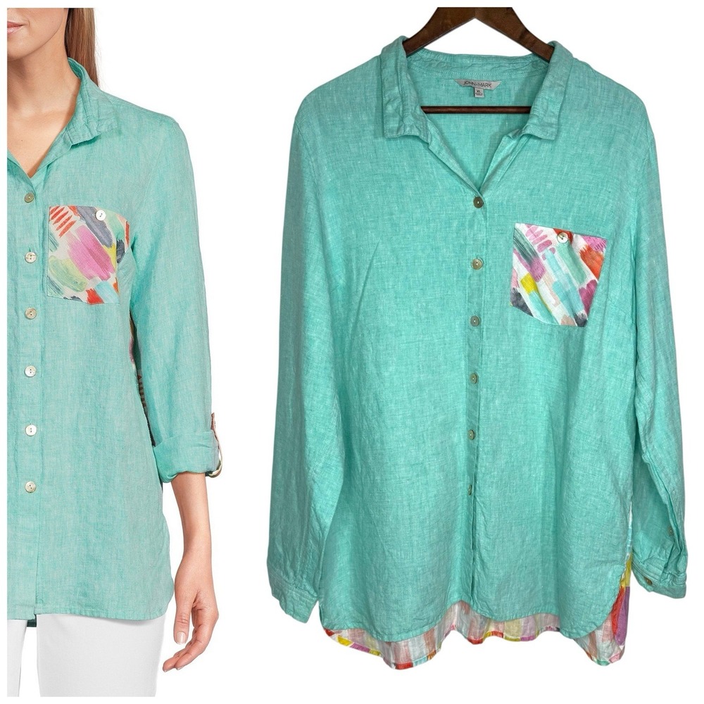 John Mark‎ XL Linen Shirt Top Aqua Blue Green Casual Artsy Lagenlook Roll Tab
